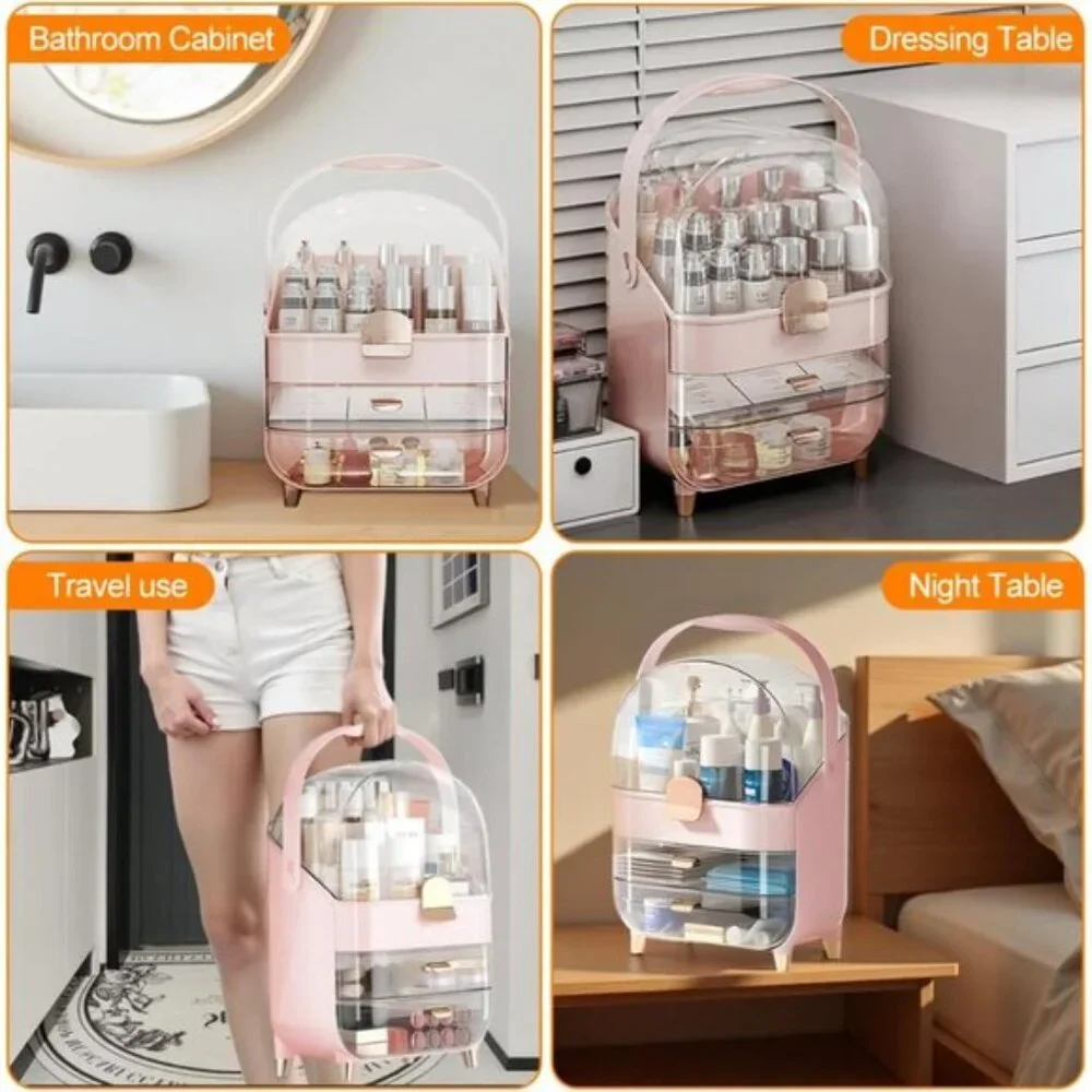 New Makeup Organizer with 2 Drawers & Lid, Dustproof Cosmetic Case for Vanity